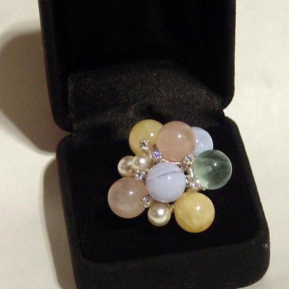 Sterling Silver Pearl, CZ and multi Gem Agate Ring - Picture 1 of 3